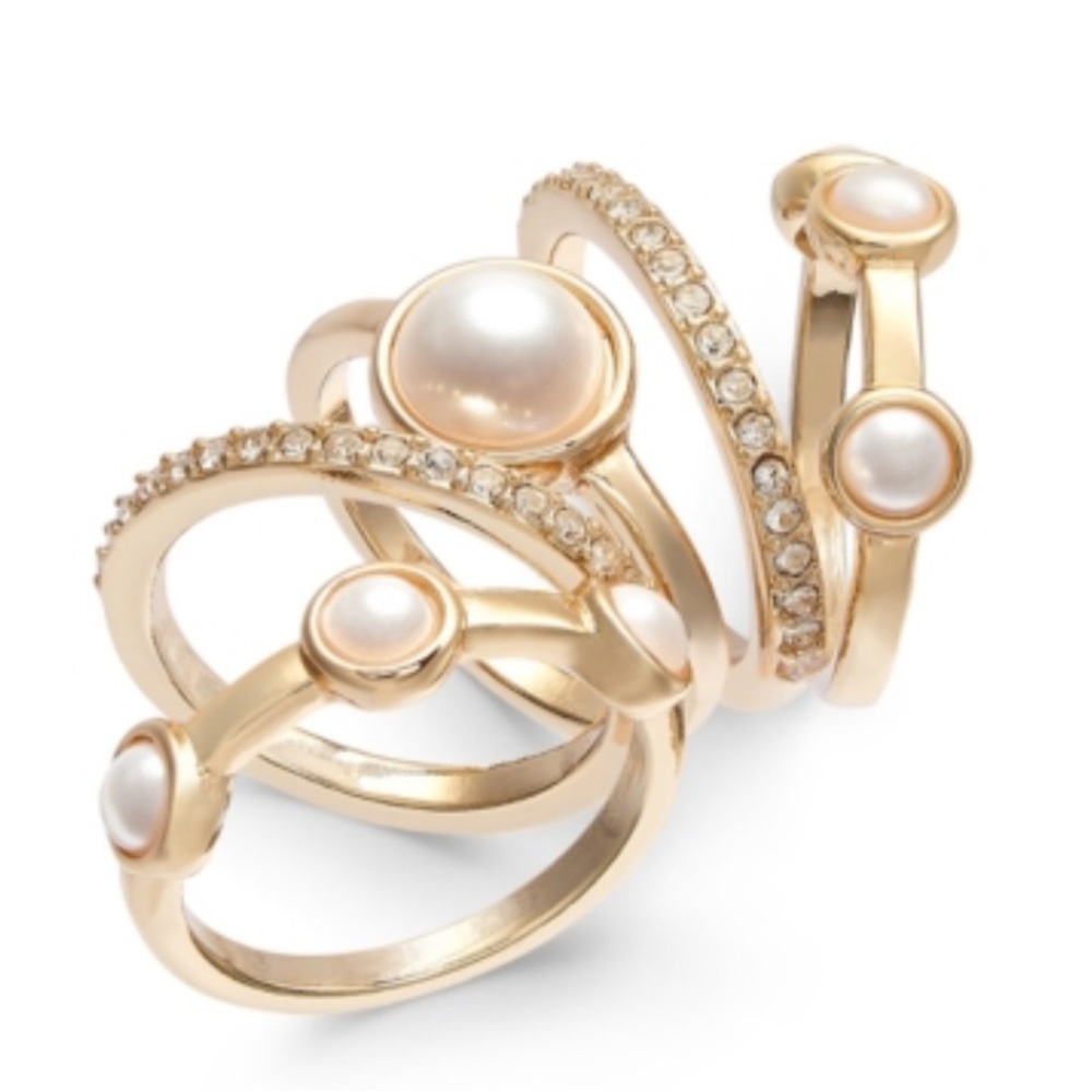 NWT I.n.c. -Tone 4 Pc. Set Pave & Imitation Pearl Stackable Rings